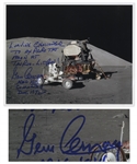 Gene Cernan Signed 10 x 8 Photo Exploring the Lunar Surface During Apollo 17 -- ...Leaving Challenger to Explore the Moon...